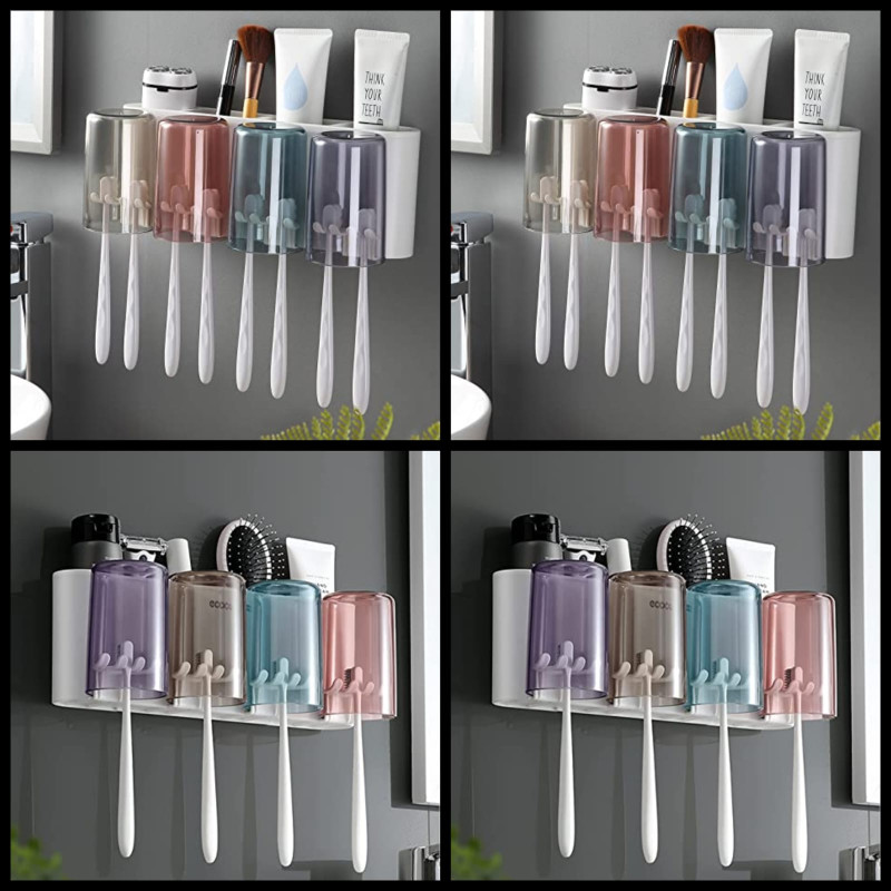 Cute tooth brush holder set with four clear glasses